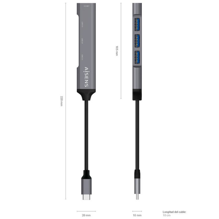 Aisens Hub USB 3.1 USB-C a 4 puertos USB Tipo A, Gris, 10cm Aisens Hub USB 3.1 USB-C a 4 puertos USB Tipo A, Gris, 10cm